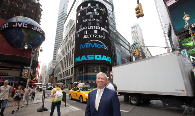 MDXG ticker symbol displayed on NASDAQ monitors in Times Square